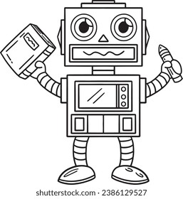 Robot con página de color de libro y lápiz aislado