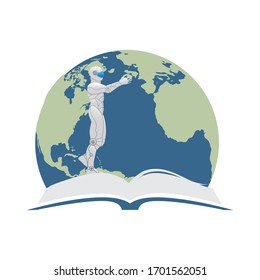 Robot, book and planet Earth, vector
