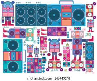 robot boom box tape music vector pattern wallpaper