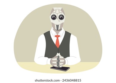 Robot boss of company sits at table with mobile phone and makes management decisions. Cyborg boss from large corporation in formal clothes and tie, after introducing innovative technologies into robot