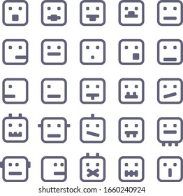 Robot bot face emotion character set. Isolated on white background. 25 pictograms