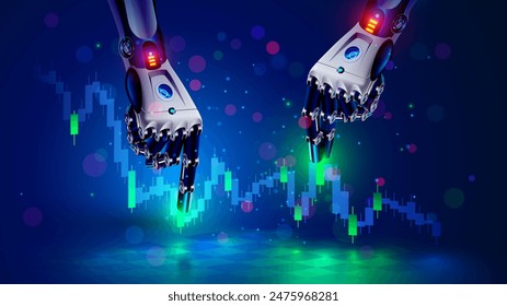 Robot o comerciante de bots. AI para el trading de automatización en el mercado de valores. Manos robot apuntan a candelabro gráfico en el mercado de intercambio comercial. Comerciante de inteligencia artificial. AI chat bot para el comercio en línea.