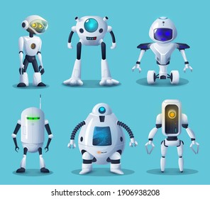 Robot and . bot vector characters of artificial intelligence technologies. Cartoon white cyborgs and droids with robotic arms, manipulators, legs and wheels, modern robot helpers design