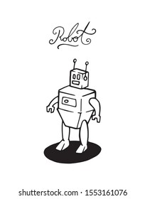 Robot in boxy shape outline drawing logo symbol illustration. Single humanoid machine hand drawn toy or cartoon character. Simple cyborg assistant sketch. Robotic digital monster with letters text.