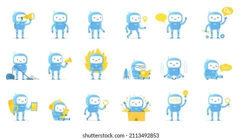 Robot boy. Character big pack. Cute Robot mascot set. Cartoon vector illustrations.