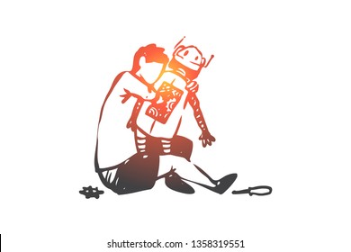 Robot, boy, play, mechanical, innovation concept. Hand drawn child playing with robot concept sketch. Isolated vector illustration.