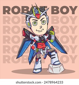 Robot boy with wings ready to fly