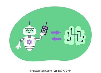 Robot and Brain with chips on green background. Concept of health and artificial intelligence. Isolated vector illustration.