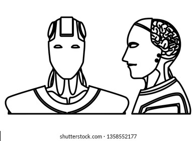 robot with brain exposed black and white
