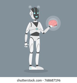 Robot with brain in hands. Concept of intelligence.