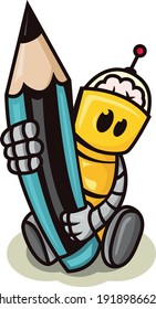 a robot with a brain holding a pencil