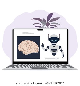 Robot and brain illustration on open laptop screen with abstract purple leaves in background