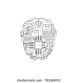 Robot brain shown as digital circuit scheme, artificial intelligence concept, flat style vector illustration isolated on white background. Android, cyborg, robot brain circuit, artificial intelligence