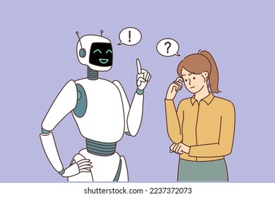 Robot brainstorm find solution help confused young woman wondering about problem solving. Robotic assistant give advise to frustrated female. Vector illustration. 