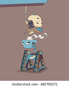 Robot brewing espresso. Futuristic coffee making barista and a waiter. Hand drawn flat style vector illustration.