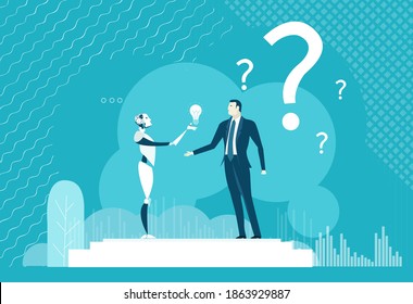 Robot trae una nueva idea. Concepto humano contra robots. Empresario compitiendo con inteligencia artificial, buscando ayuda, retransmitiendo sobre el ciborg. 