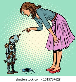 robot broke the phone. Woman scolds guilty. Pop art retro vector illustration vintage kitsch