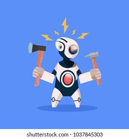 Robot Broken Hold Hammer On Blue Background Concept Modern Artificial Intelligence Technology Flat Vector Illustration
