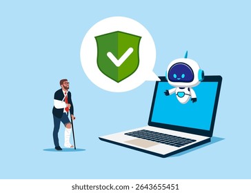 Robot and broken leg and hand man patient with bandage walking with crutch. Safety or accident insurance. The robot offers and speaking about insurance coverage. Flat vector illustration