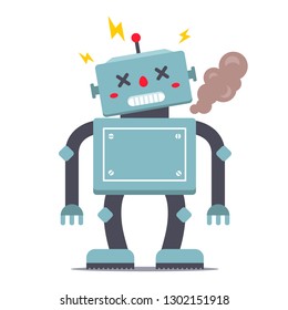 the robot is broken. smokes and sparkles. character vector illustration