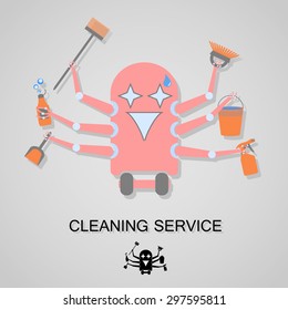 A robot with a broom, dustpan, bucket, brush and detergent in hand, a service to provide services for janitorial. Master cleaning and washing in a flat style.