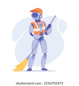 Robot with Broom Sweep Street as Smart Android Assistant Machine Vector Illustration