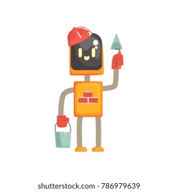 Robot buider character, android standing with trowel and bucket cartoon vector illustration