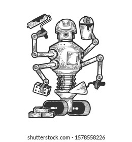Robot builder sketch engraving vector illustration. T-shirt apparel print design. Scratch board style imitation. Black and white hand drawn image.