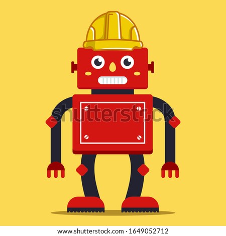 robot builder in a yellow helmet. innovative technology. Flat character vector illustration.