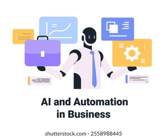 Robot with business icons representing AI automation technology. Features charts briefcase gears on colorful backgrounds. Ideal for tech themes