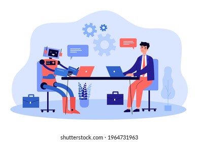 Robot and business man working at computers together vector illustration. Digital technology of future, automation, efficiency of artificial intelligence, workforce concept for banner, landing page