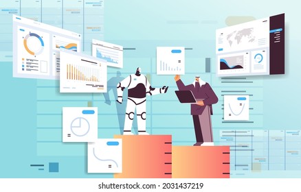 robot with businessman analyzing statistics graphs financial data analyzing artificial intelligence technology