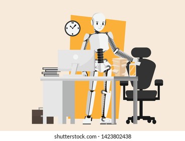 Robot Businessman character cartoon vector design, standing automaton
 and office desk background , computer and document on table with planner in AI strategy concept,illustration for business article