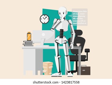 Robot Businessman character cartoon vector design, standing automaton
 and office desk background , computer and document on table with planner in AI strategy concept,illustration for business article