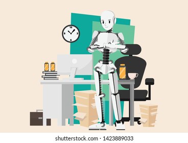 Robot Businessman character cartoon vector design, standing automaton
 and office desk background , computer and document on table with planner in AI strategy concept,illustration for business article