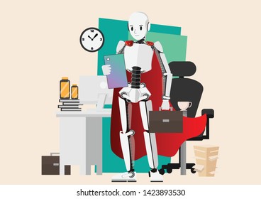Robot Businessman character cartoon vector design, standing automaton
 and office desk background , computer and document on table with planner in AI strategy concept,illustration for business article