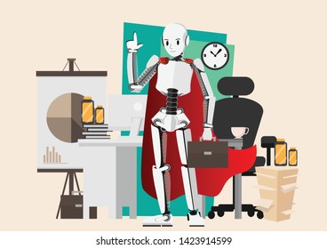 Robot Businessman character cartoon vector design, standing automaton
 and office desk background , computer and document on table with planner in AI strategy concept,illustration for business article