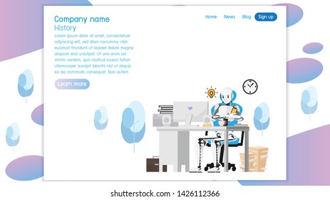 Robot businessman character cartoon vector illustration design,automaton take a seat on office desk with computer for website background concept, personnel and document in thinking mood.