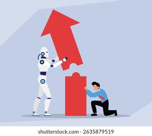 robot and a businessman collaborate to assemble a large red arrow made of puzzle pieces, symbolizing the partnership between AI and human effort for business growth and problem-solving
