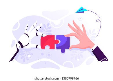 Robot and Businessman Hand holding puzzle. Partnership with a robot concept. Vector illustration in flat style 