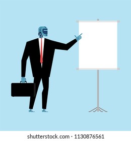 Robot Businessman making presentation Template. Cyborg and Clean Roll-up. office Artificial Intelligence. Vector illustration