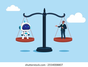 Robot and businessman on scales. Advantage of artificial intelligence over human mind. Developers digital technology. Best robot chatbot with artificial intelligence. Flat vector illustration