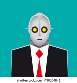 Robot businessman suit and necktie programmed to help the man in office activity: calculations, complex operations , economic forecast, algorithms, stock exchange transactions. 