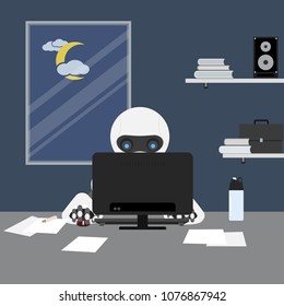 Robot businessman working on computer, robot help working, robot online assistance, machine learning. Vector Illustration flat style concept for Artificial Intelligence technology, automation, science