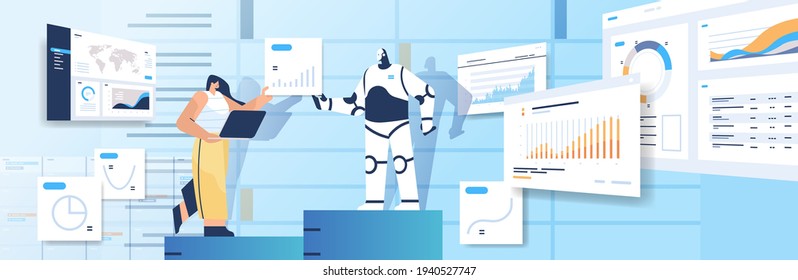 robot with businesswoman analyzing statistics graphs financial data analyzing artificial intelligence technology