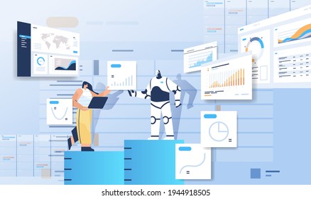 robot with businesswoman analyzing statistics graphs financial data analyzing artificial intelligence technology