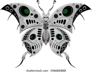 Robot butterfly in metal steampunk style. Cyborg insect on a white background.