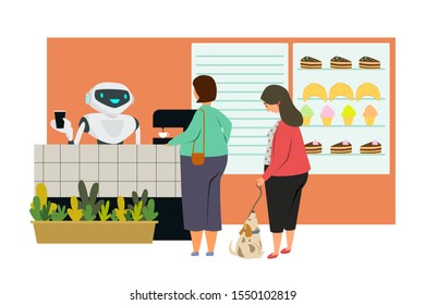 The robot in the cafe serves people flat vector illustration. Replacing human labor and modern technologies in the service sector concept. The robot replaced a person at the checkout in a cafe