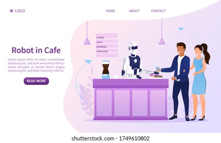 A robot in a cafe serves a young couple. Man and woman in a futuristic cafe. Automation technologies in service sector. Barista robot. Innovation in restaurant business. Flat Vector Illustration