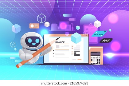 robot cálculo de la factura en la pantalla del ordenador portátil contabilidad librero asesor auditor inteligencia artificial